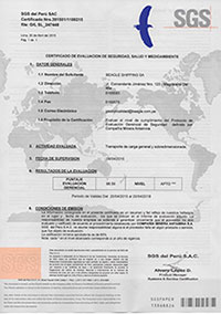 Certificado Evaluacion de SGS para Beagle Shipping para Antamina