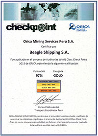 Certificado Auditoria World Class Check Points 2015 de ORICA para Beagle Shipping